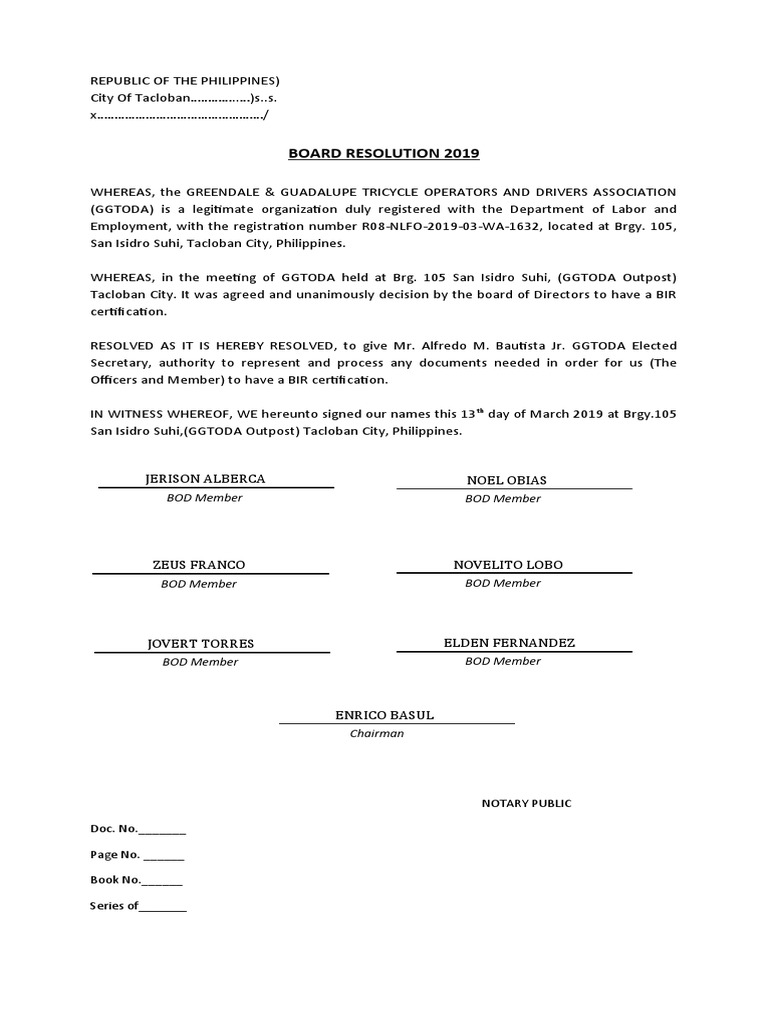 GGTODA Board Resolution for BIR Certification | PDF | Foreign Language ...