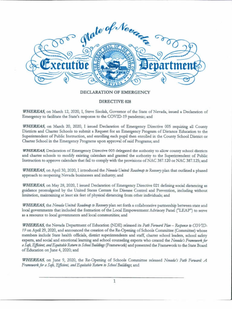 Nevada Declaration Emergency Directive 028 | PDF