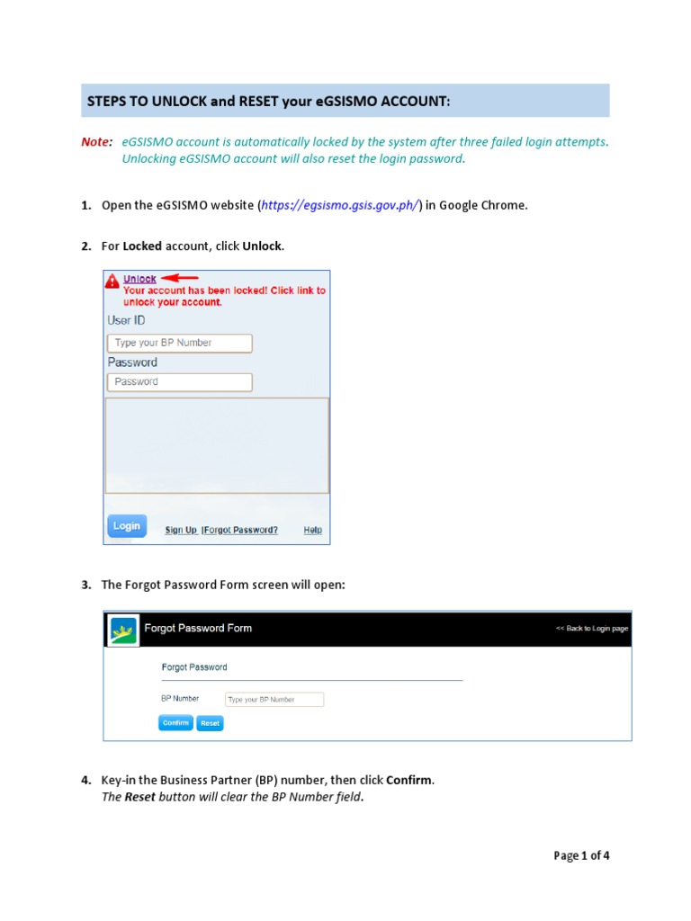 eGSISMO User Guide) How To Unlock and Reset Password | PDF