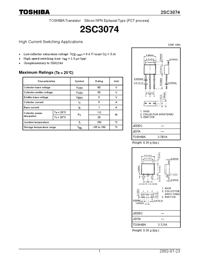 High Current Switching Applications Maximum Ratings PDF Bipolar