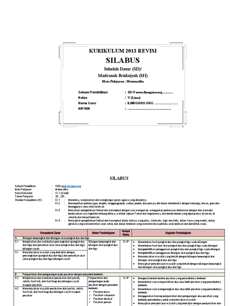 Silabus Matematika Kelas 5 4 7 Kolom Pdf