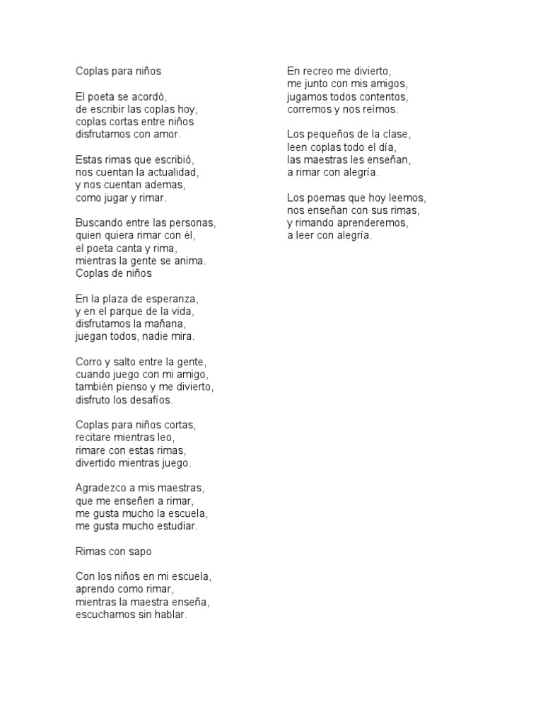 Coplas Cortas para Niños en la Escuela | PDF | Arte | Poesía