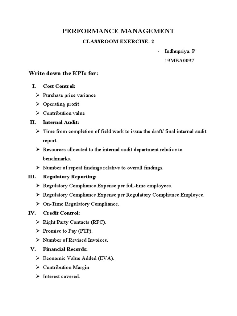 Performance Management: Write Down The Kpis For | PDF