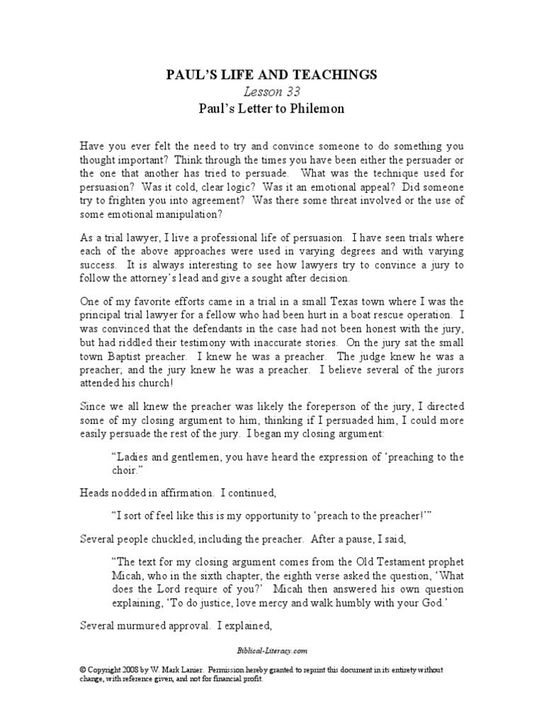 Pauls Letter To Philemon Handouts PDF PDF Epistle To Philemon