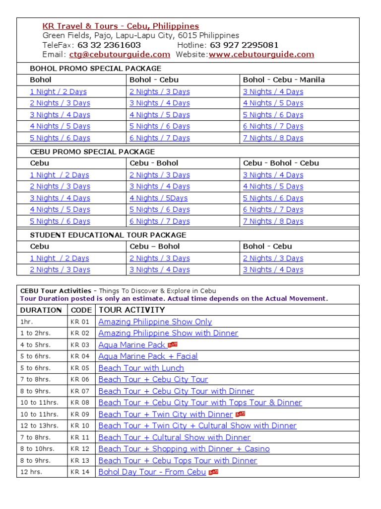 Cebu Tours & Hotel Package Itinerary | PDF | Cebu | Leisure