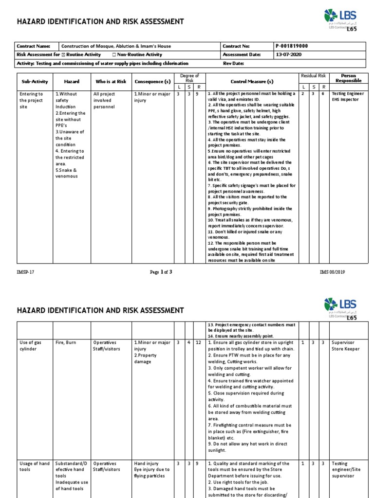 Risk Assessment For Testing and Commissioning of Water Supply Pipes