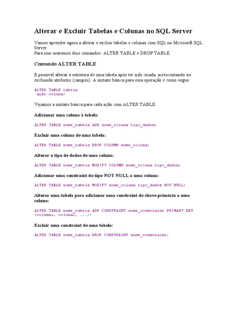 Alterar e Excluir Tabelas e Colunas No SQL Server | PDF | Computadores ...