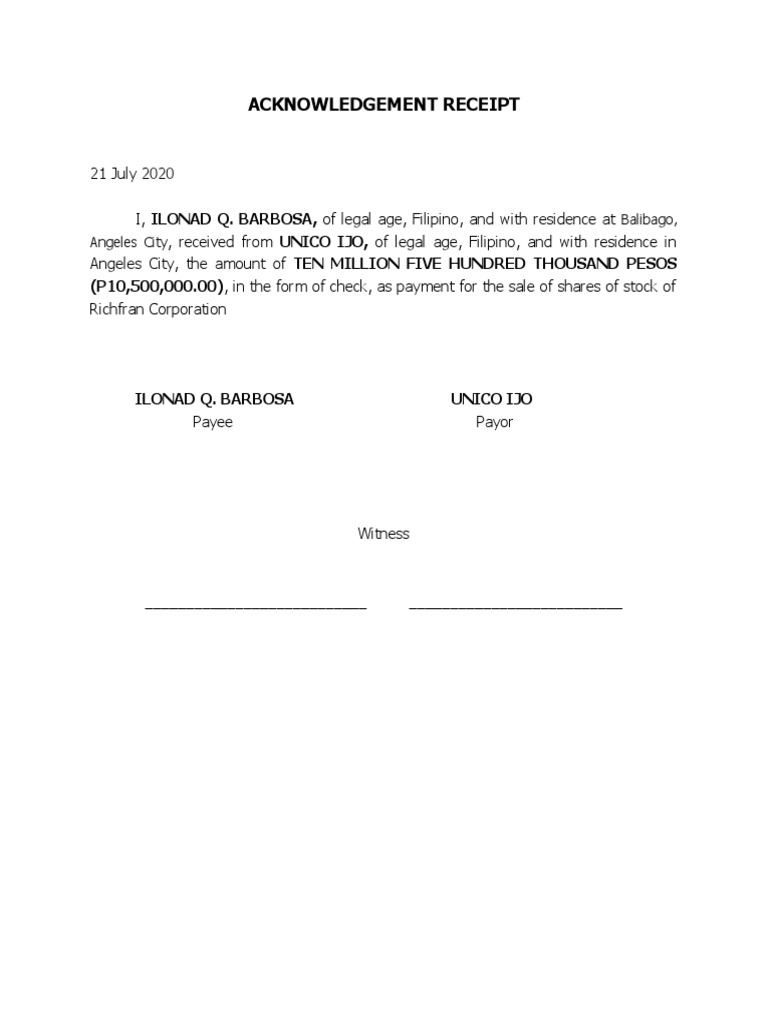 Acknowledgement Receipt: (P10,500,000.00), in The Form of Check, As ...