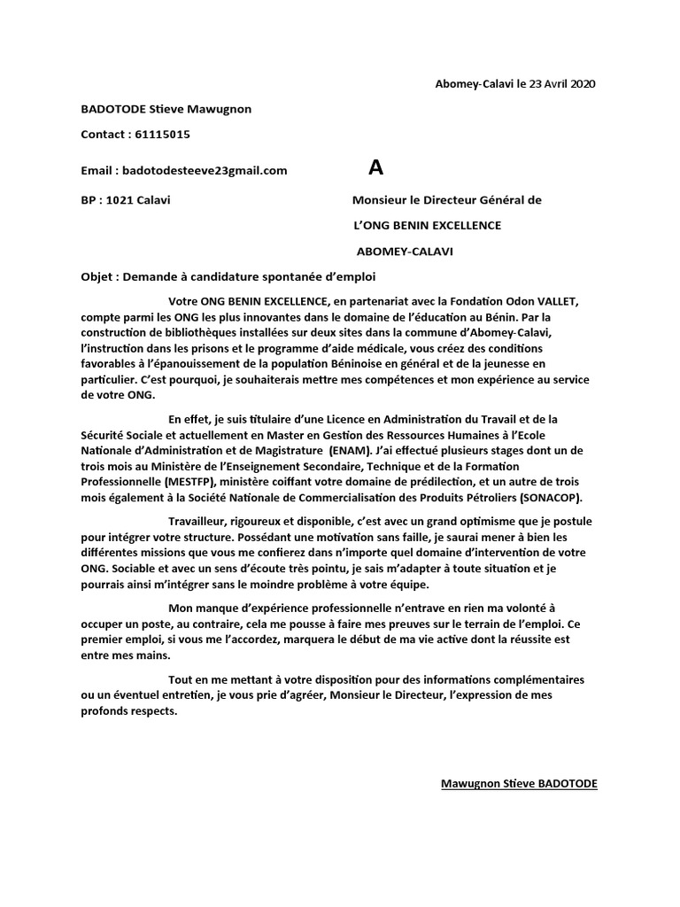 Lettre De Motivation Steeve 2 Pdf Organisation Non Gouvernementale Business