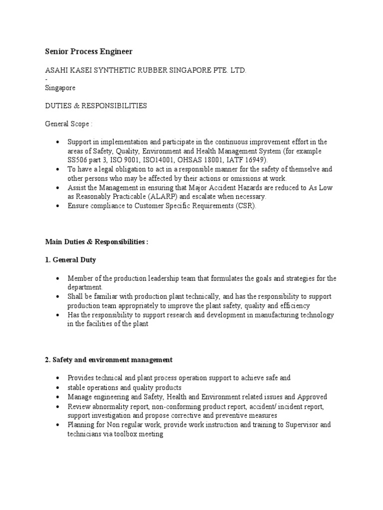 Senior Process Engineer Role | PDF | Safety | Business