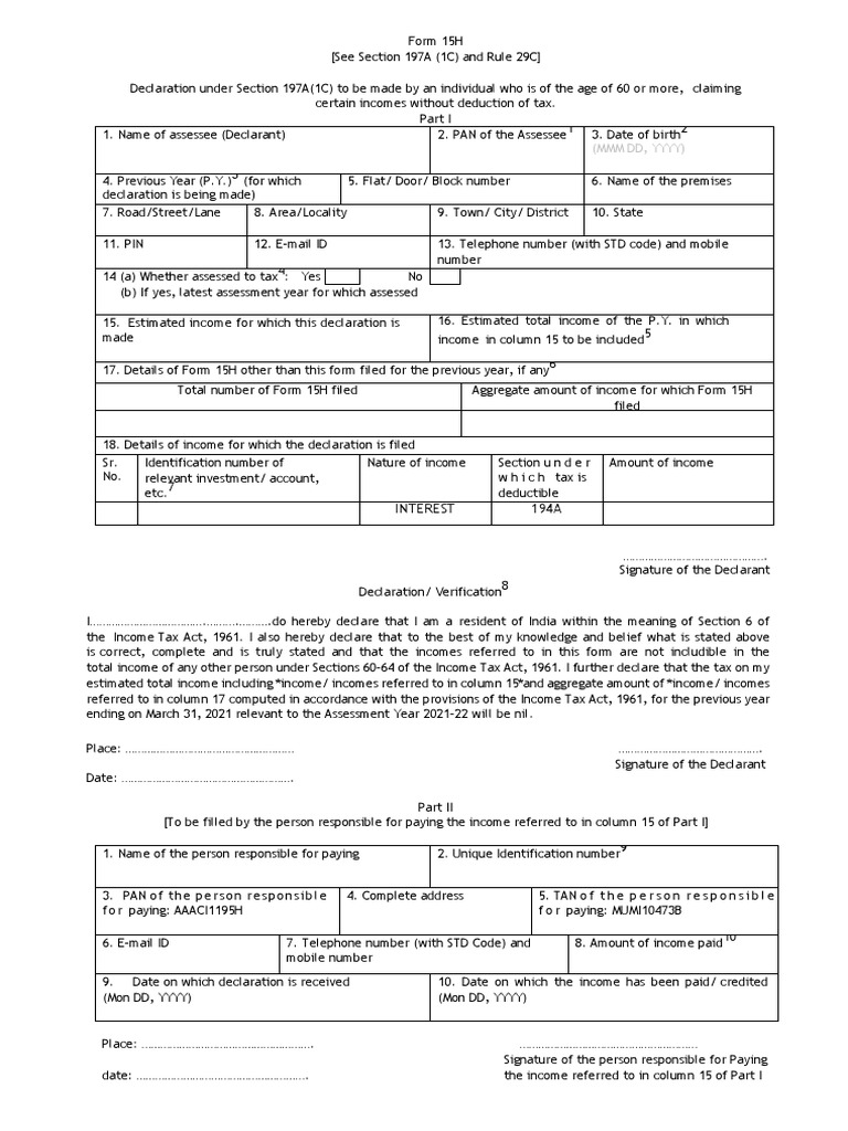 Form 15 H - 2020-21 | PDF | Fine (Penalty) | Income Tax In India