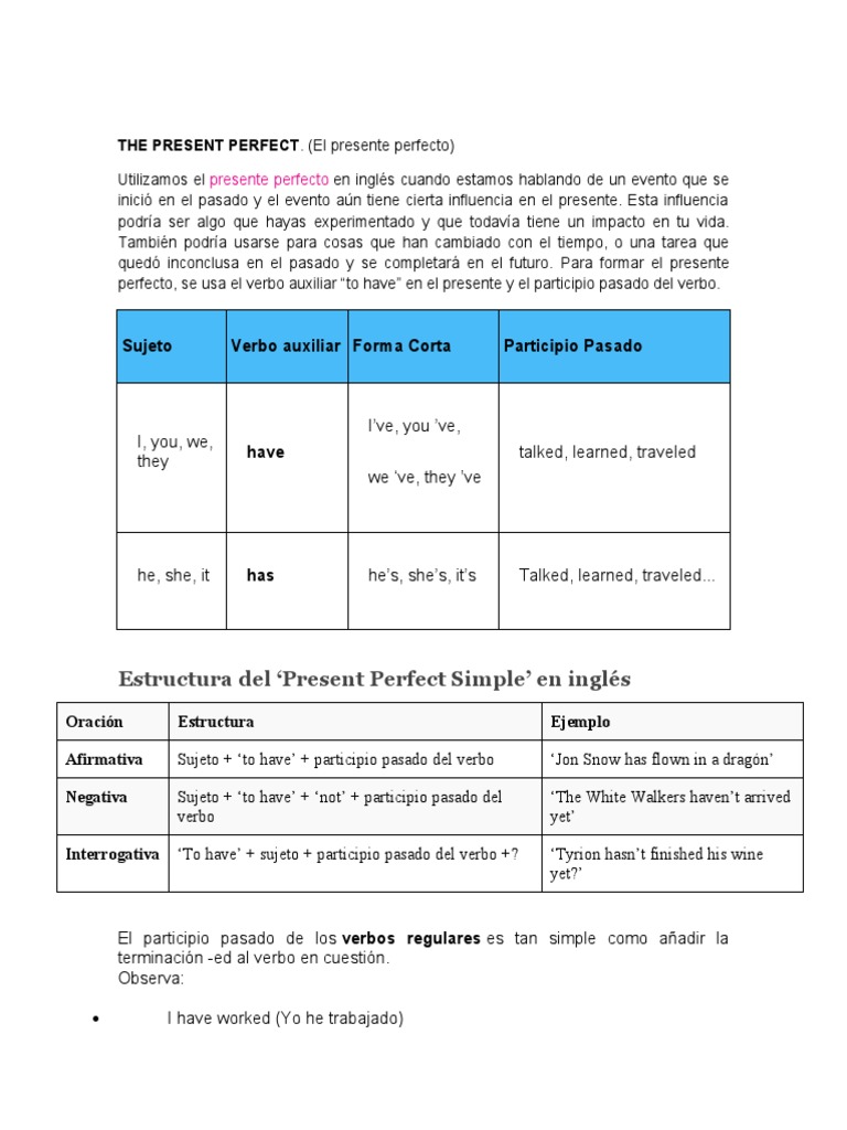 El Presente Perfecto en Inglés | PDF | Verbo | Asunto (gramática)