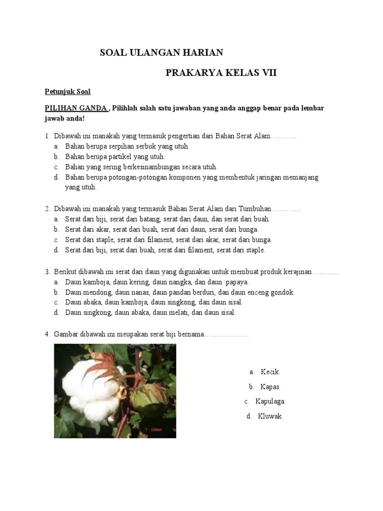 Soal Ulangan Harian Prakarya Klas Vii Serat Pdf