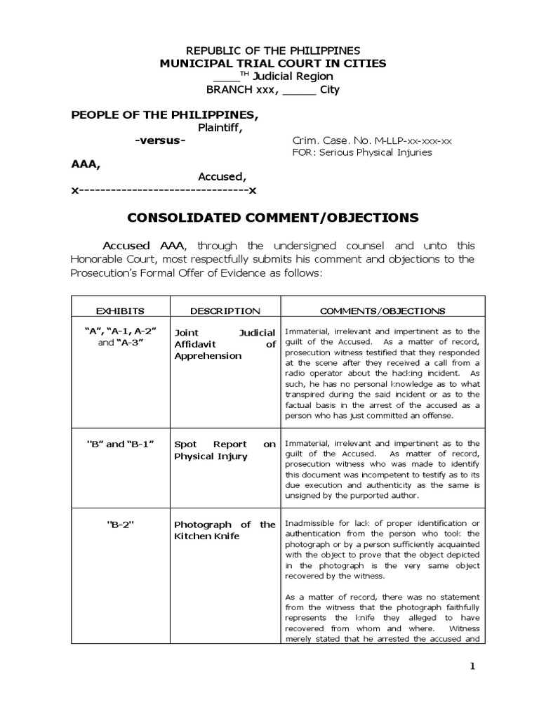 Objections to Formal Offer of Evidence | PDF | Evidence | Witness