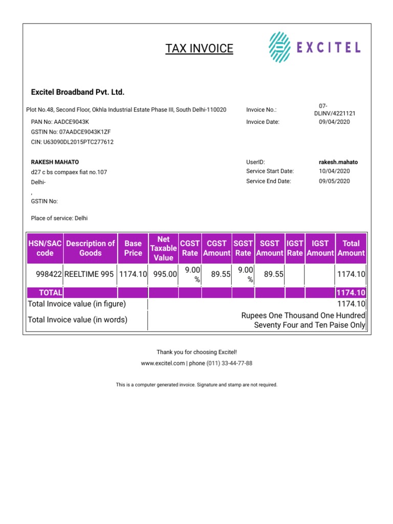 Excitel Broadband Tax Invoice Sample | PDF | Economies | Public Finance
