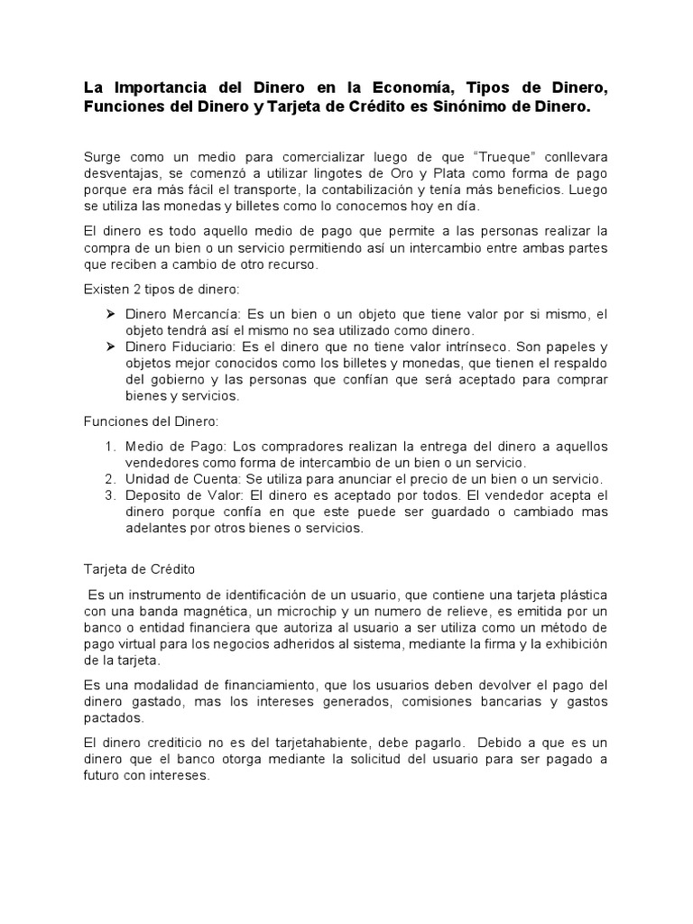 Tipos y Funciones del Dinero en la Economía | PDF
