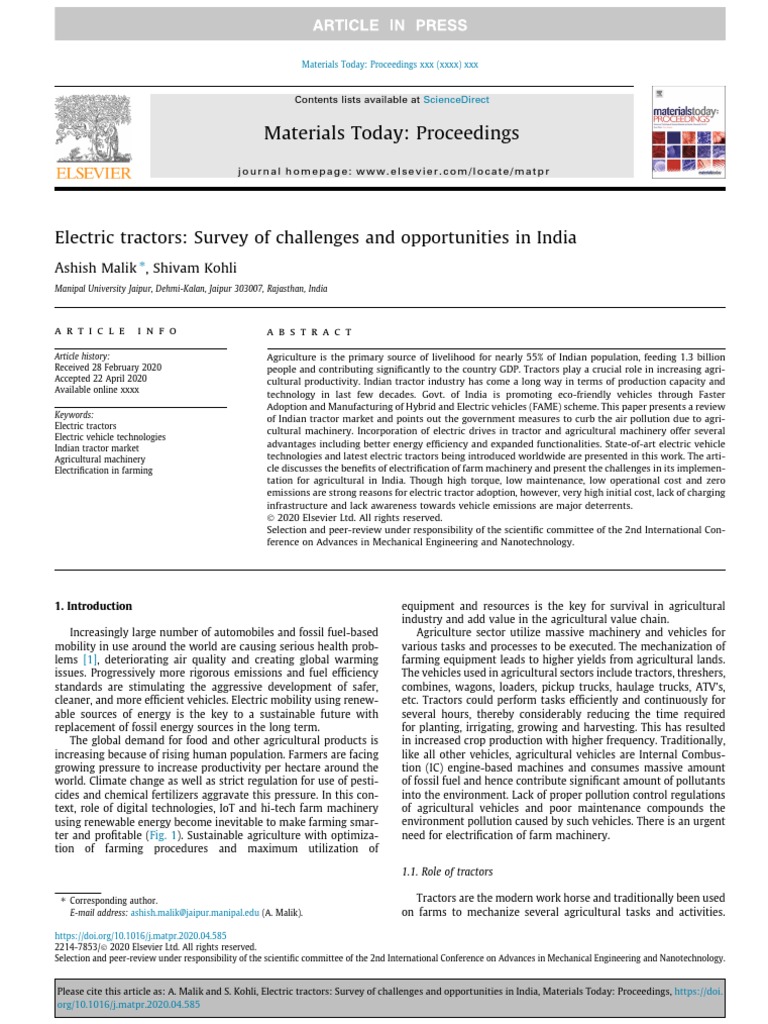Materials Today Proceedings Ashish Malik, Shivam Kohli PDF Tractor Electric Vehicle