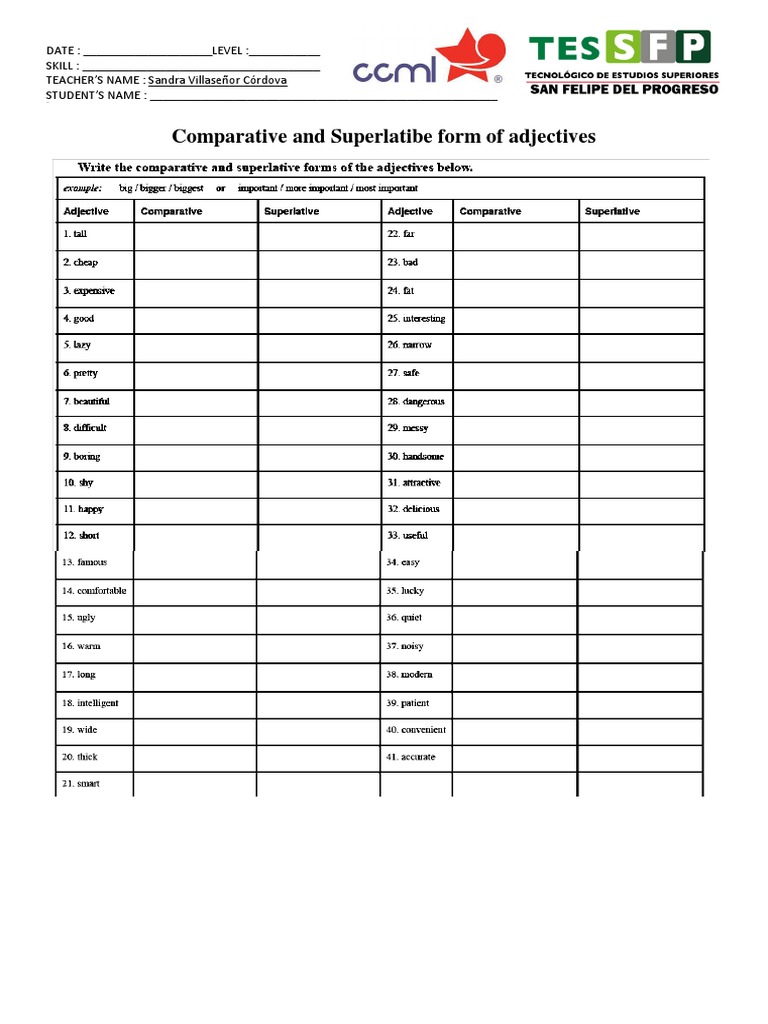 Comparative and Superlative Adjectives Worksheet | PDF