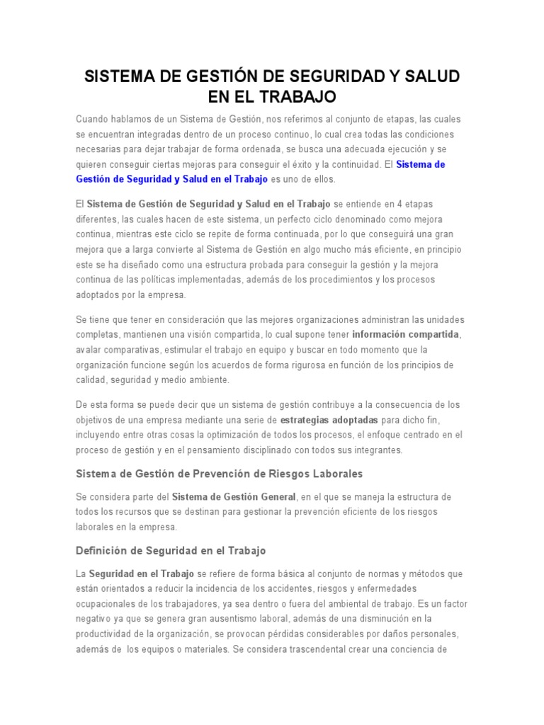 Sistema de Gestión de Seguridad y Salud en El Trabajo | PDF | Seguridad ...