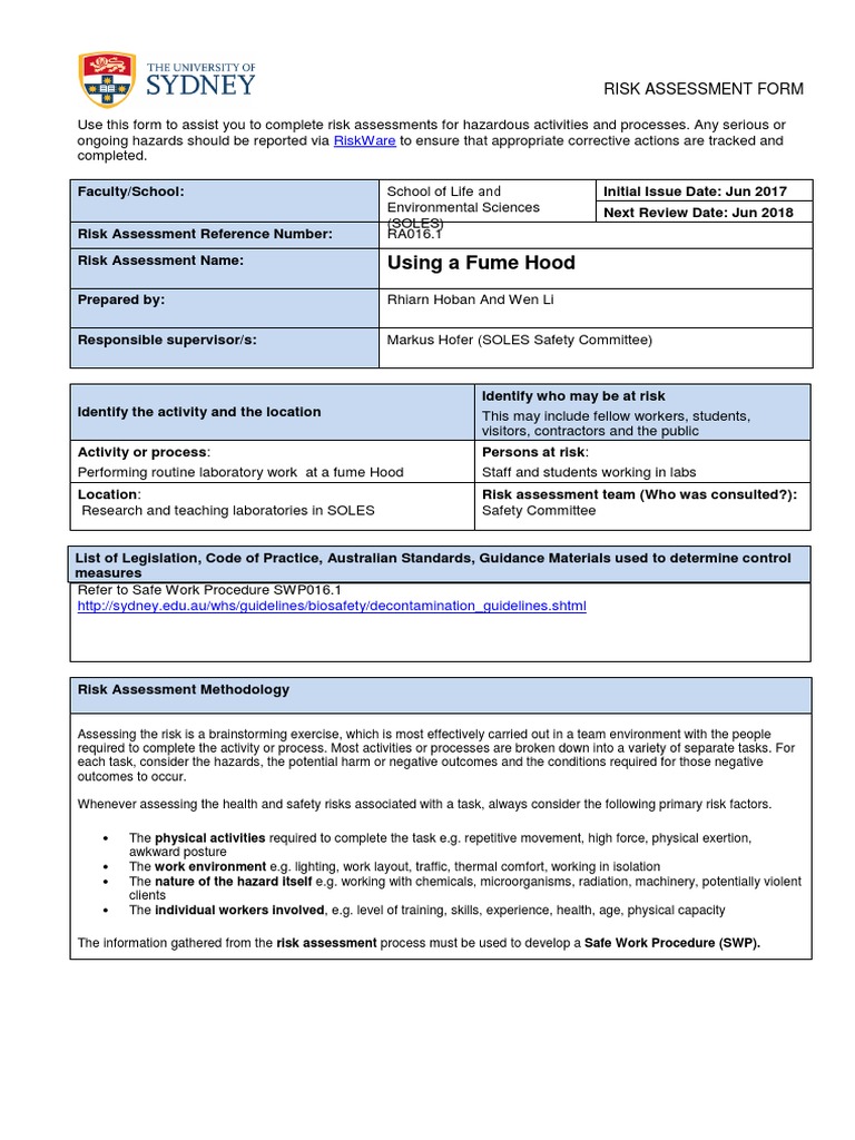 Using A Fume Hood Riskware PDF Risk Assessment Risk