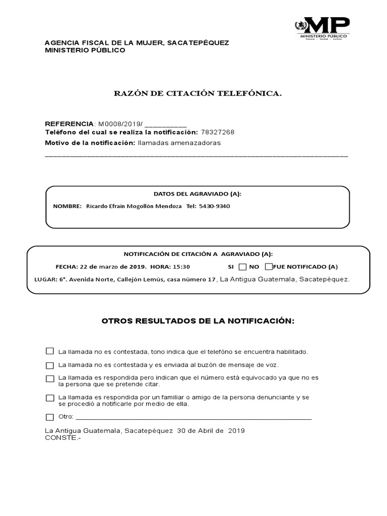 Notificacion Telefonica | PDF