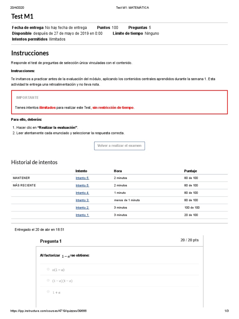 Test M1 de Matemática: Instrucciones y Resultados | PDF | Enseñanza de ...