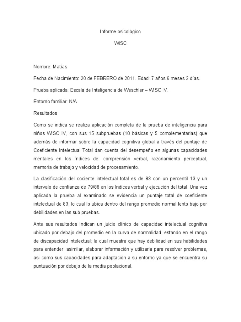 Informe de Evaluación Cognitiva Infantil | PDF | Inteligencia ...