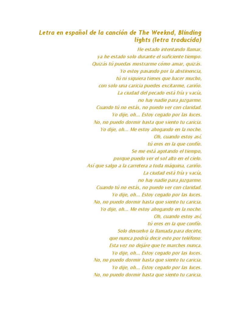 Letra En Espanol De La Cancion De The Weeknd Pdf