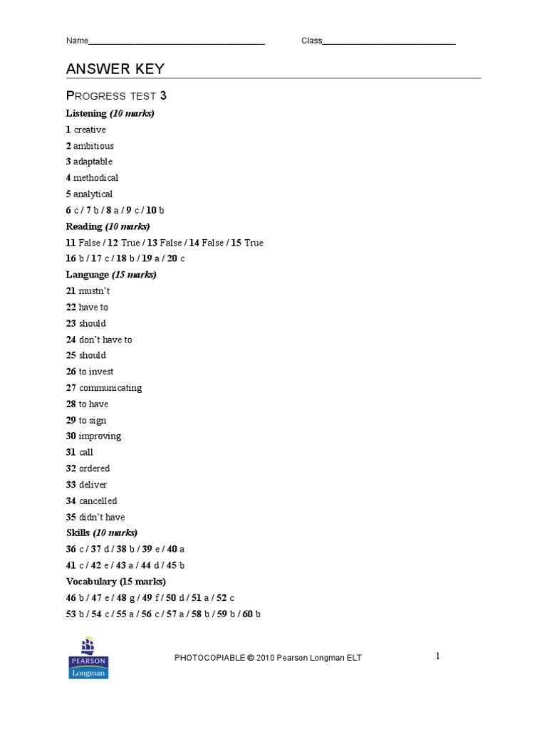 Progress Test 3 Key PDF | PDF