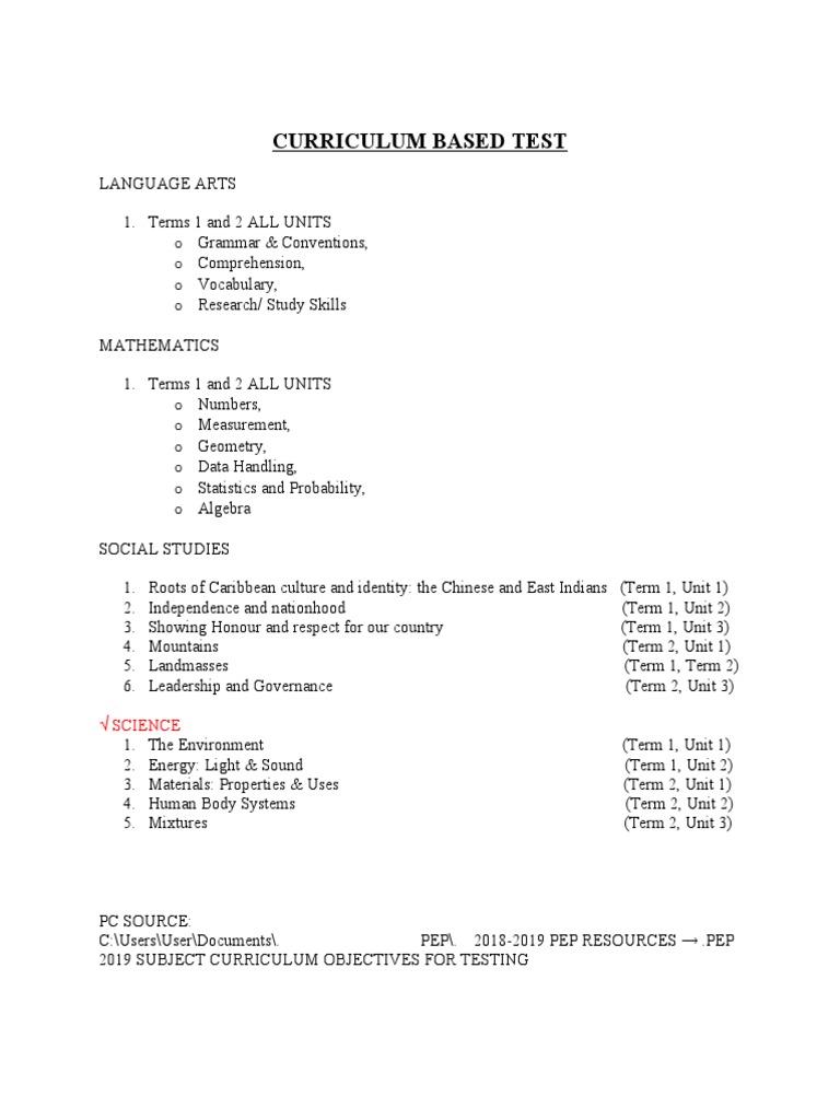 Pep Science Curriculum Based Test Workup Pdf Sound Environmental