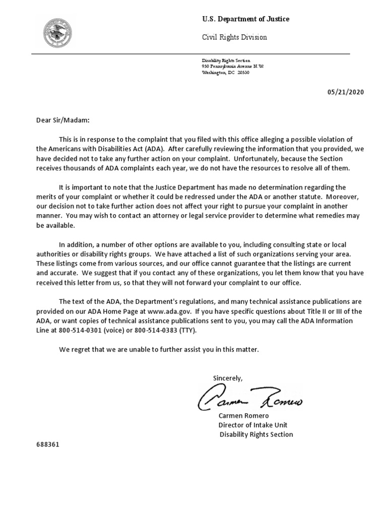 ADA Complaint Response Letter | PDF | Americans With Disabilities Act ...