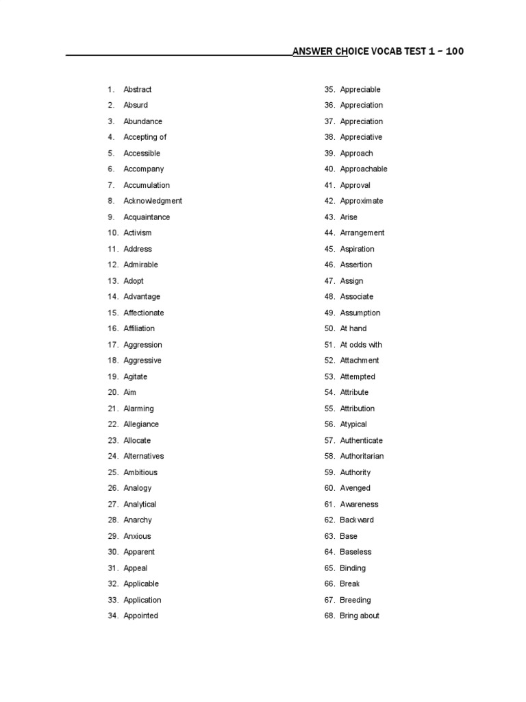 Vocabulary Test: 100 Words List | PDF