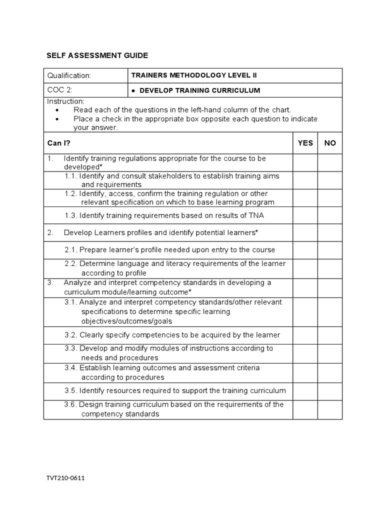 Self Assessment Guide Trainers Methodology Level Ii Develop Training