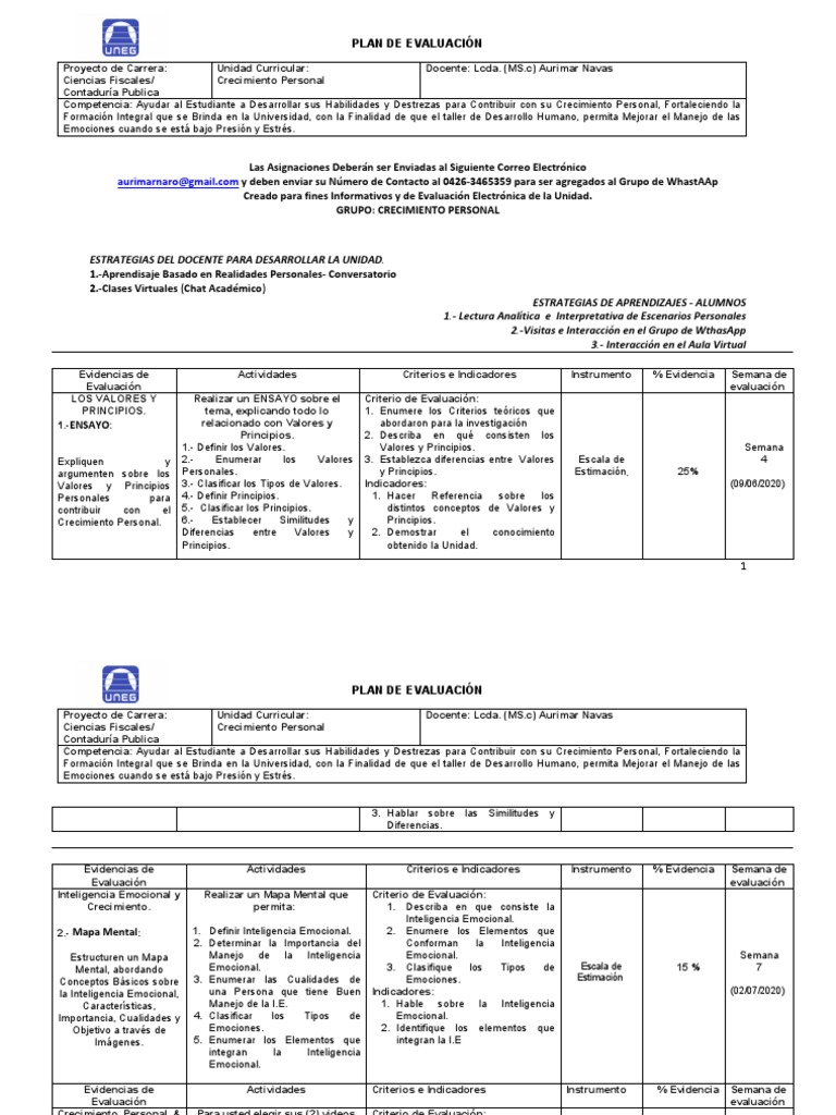 Plan de Evaluación: Crecimiento Personal | PDF | Inteligencia | Las ...