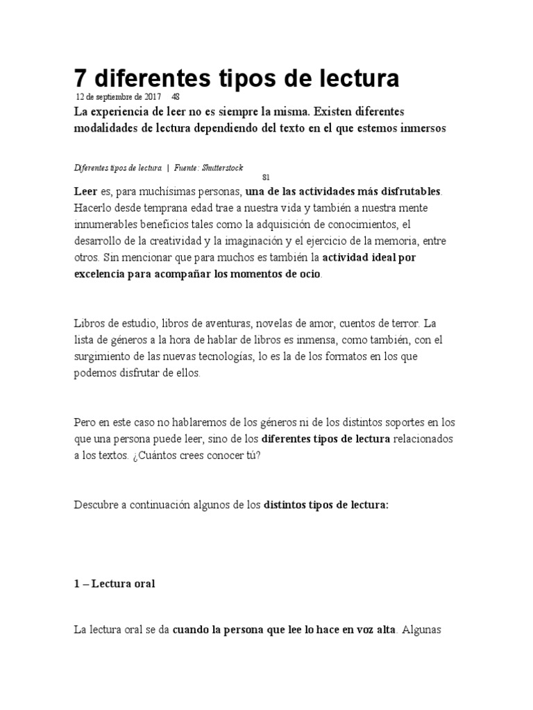 Tipos de Lectura y sus Beneficios | PDF | Comprensión lectora | Cognición