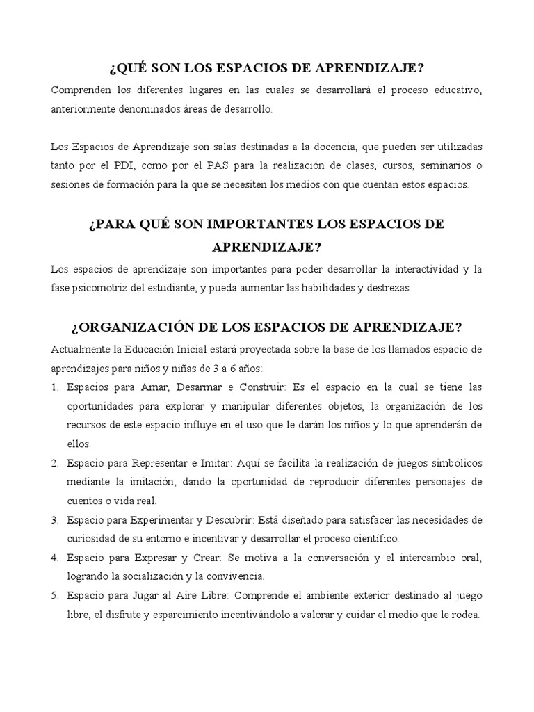 Espacios de Aprendizaje en Educación Infantil | PDF | Educación de la ...