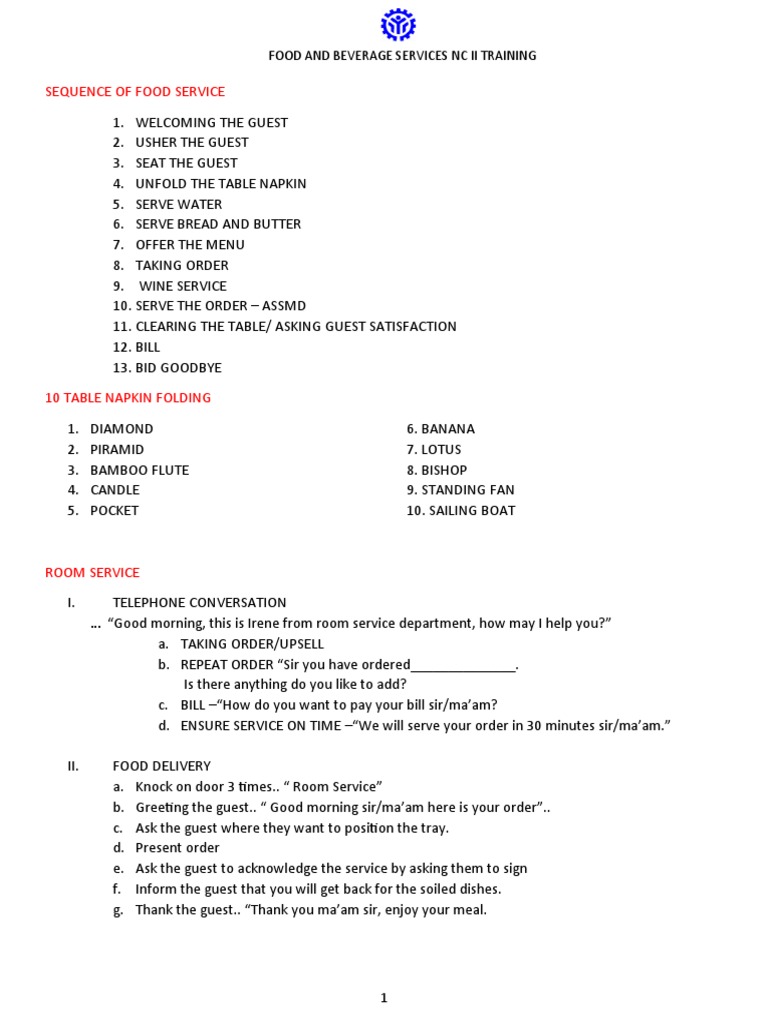 FBS Sequence of Food Service PDF Hors D'oeuvre Meal