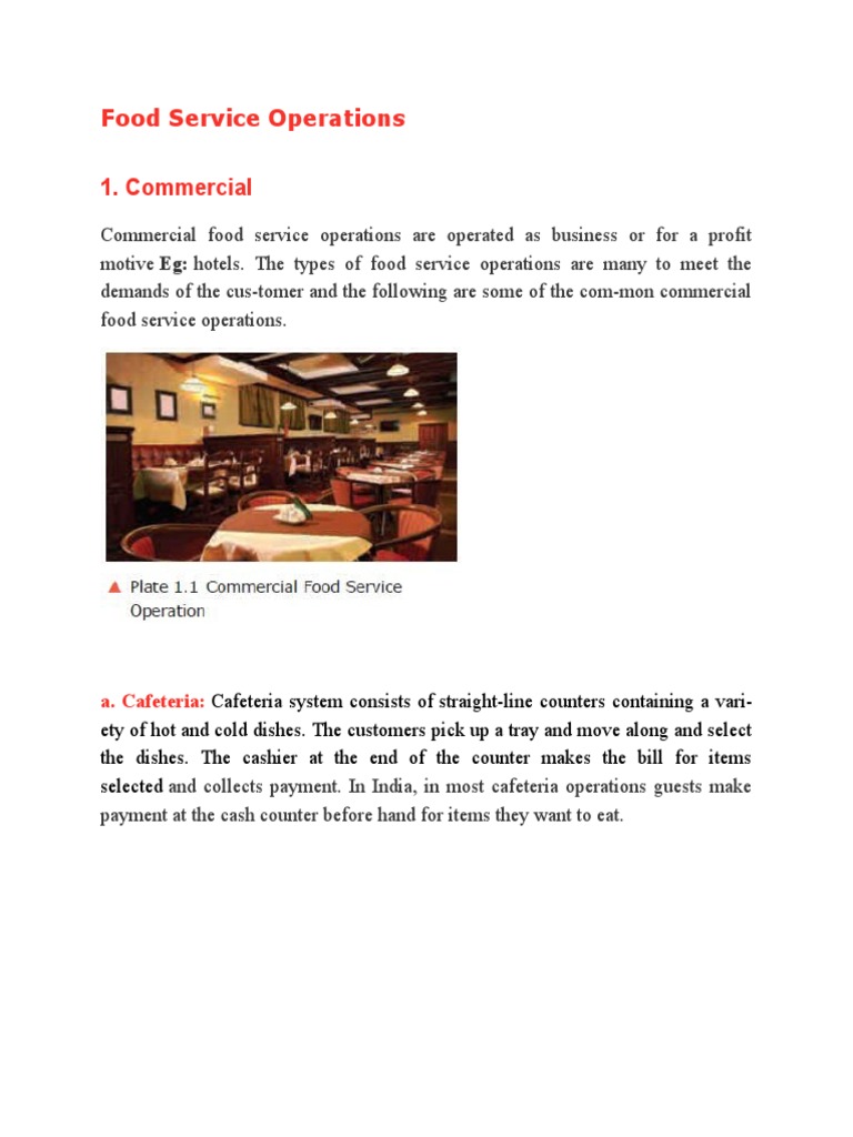 Food Service Operations 1. Commercial A. Cafeteria PDF Meal