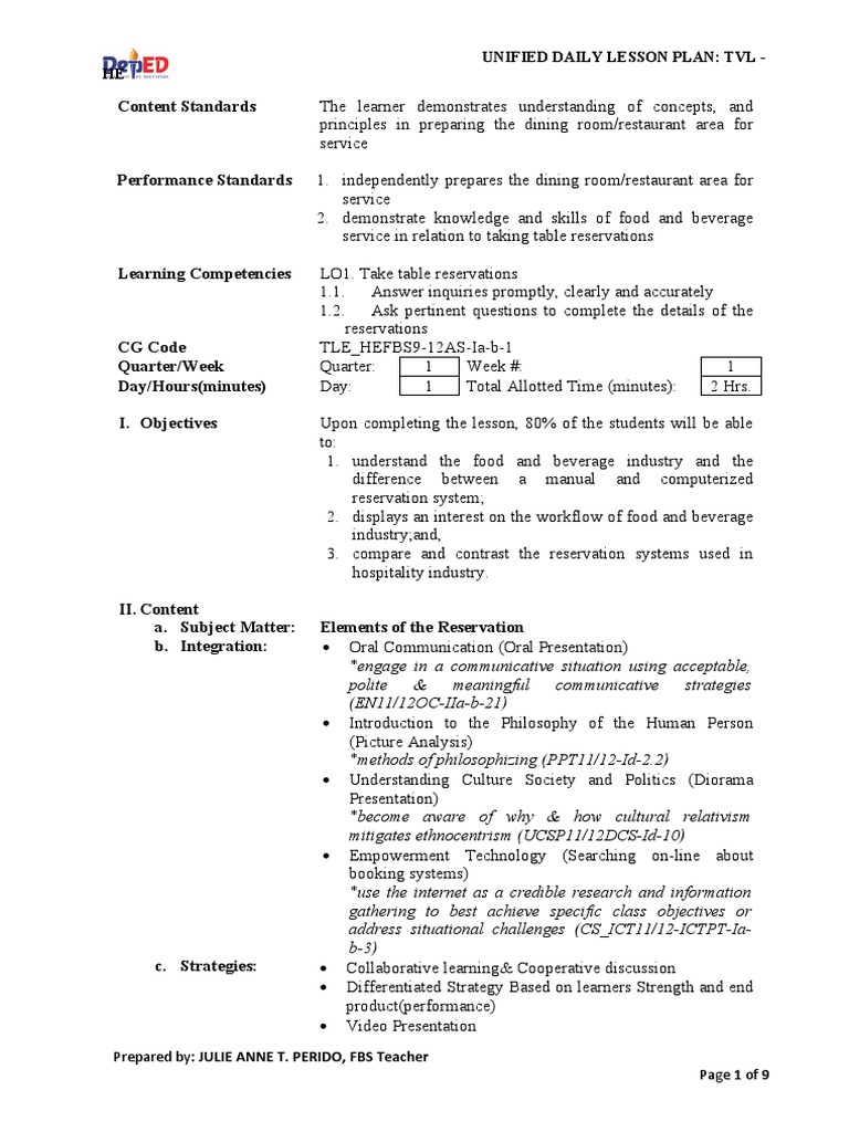 Table Reservation Systems in F&B Service | PDF | Lesson Plan | Learning