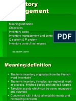 Meaning/definition Objectives Inventory Costs Inventory Management and Control Q System & P System Inventory Control Techniques