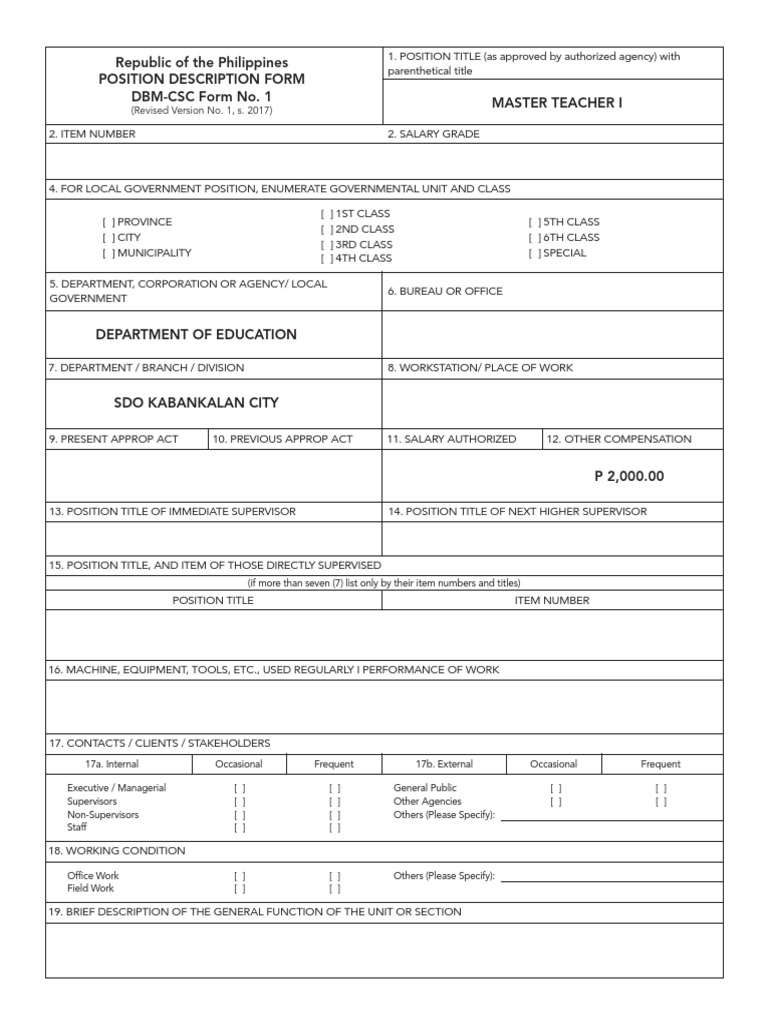 Republic of the philippines position description form dbm csc form no