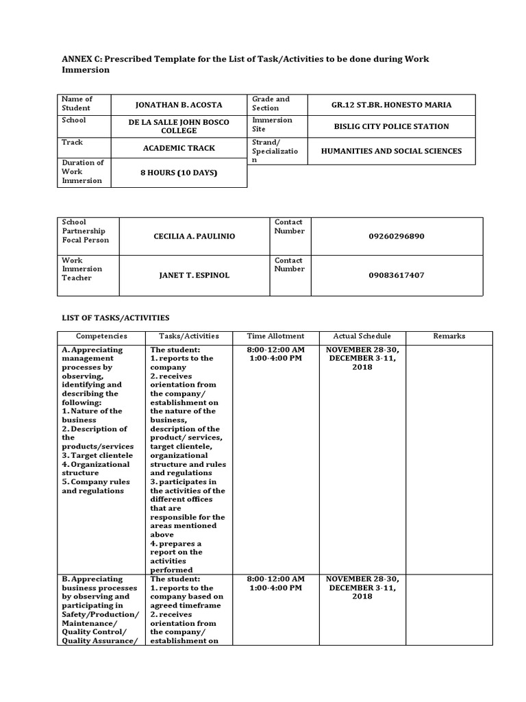 ANNEX C Prescribed Template For The List of Task/Activities To Be Done
