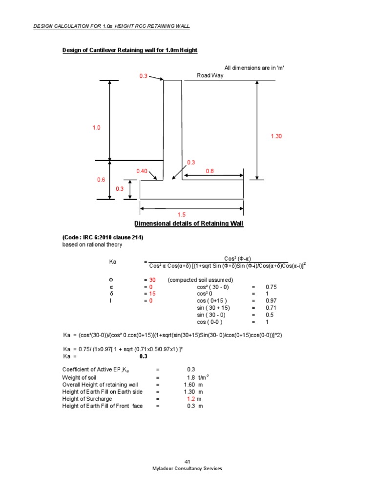 Design Calculation For 1.0M Height RCC Retaining Wall | PDF | Civil ...