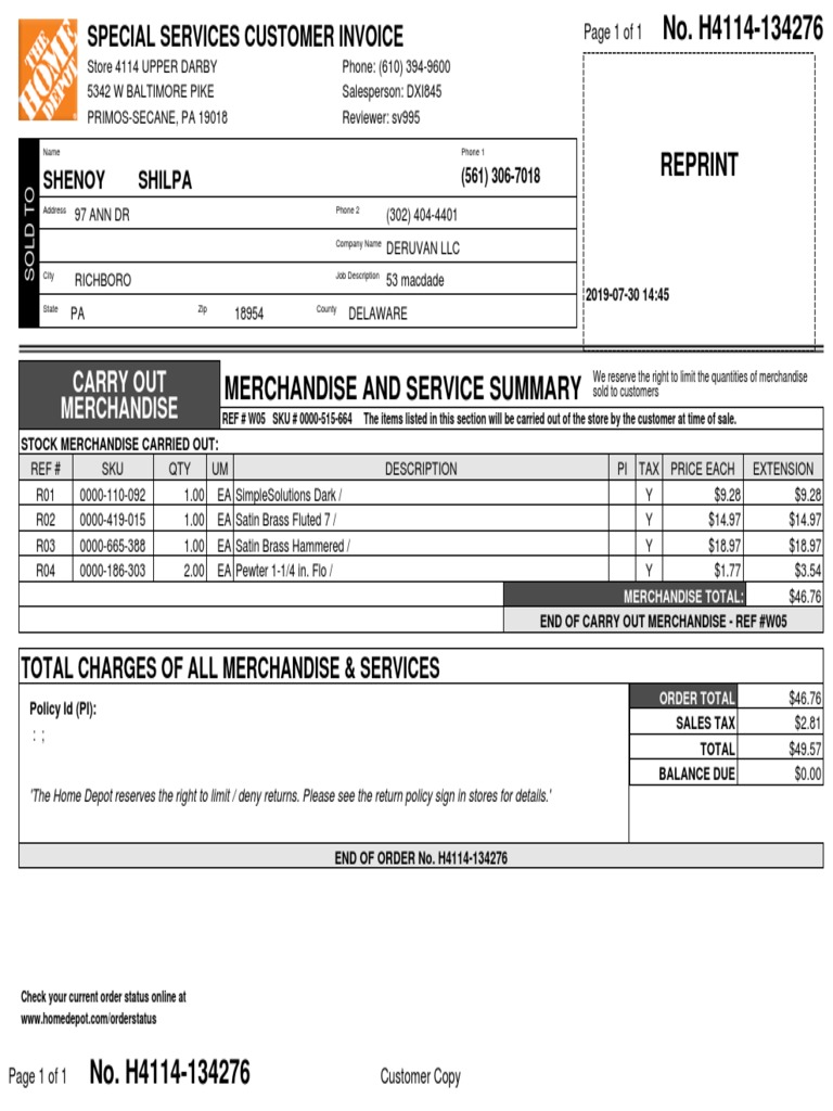 Home Depot Invoice for Shenoy Shilpa | PDF | Business Economics | Economies