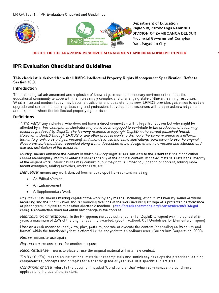 LR QA Tool 1 IPR Evaluation Checklist and Guidelines PDF