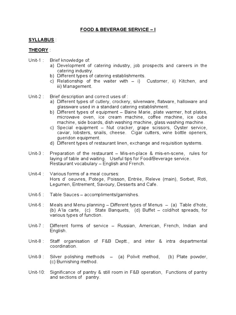 Food & Beverage Service I Syllabus Theory PDF Restaurants Menu