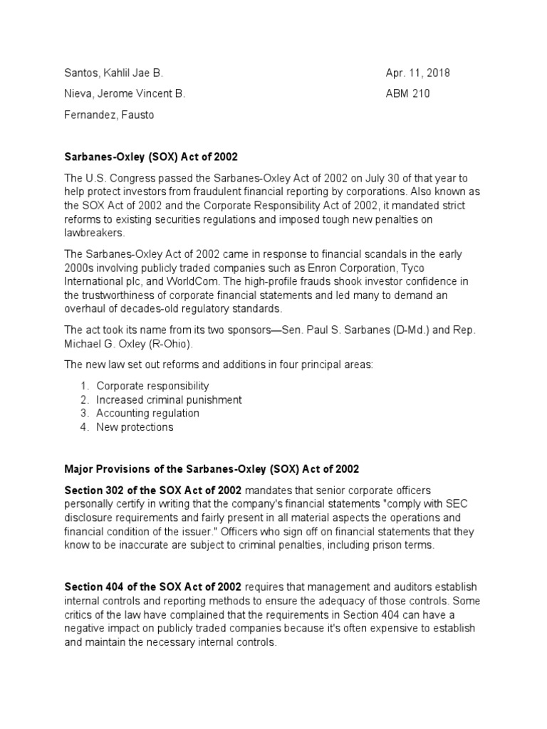 SarbanesOxley (SOX) Act of 2002 PDF SarbanesOxley Act Corporate Law