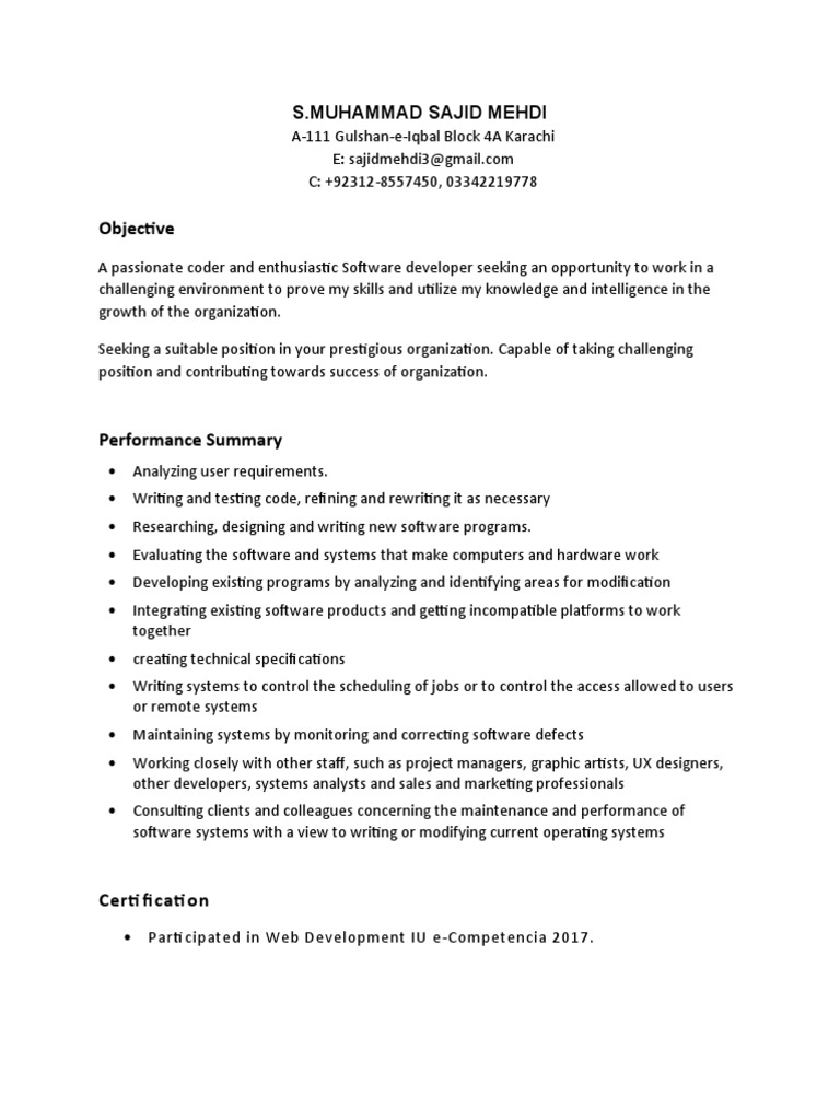 Software Developer Resume Karachi | PDF | Programmer | Microsoft Sql Server