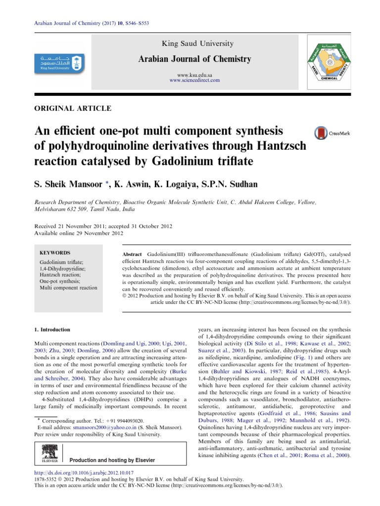 One-Pot Synthesis of Polyhydroquinolines | PDF | Catalysis | Amine