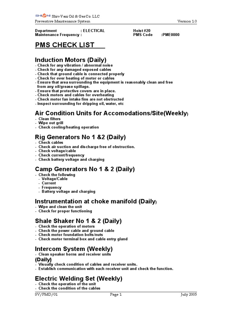 Preventive Maintenance Checklist for Electrical Systems | PDF ...